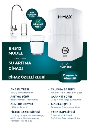 12 L Çelik Tank 15 Aşama Multi Mineral Su Arıtma Cihazı Hmaxb4512