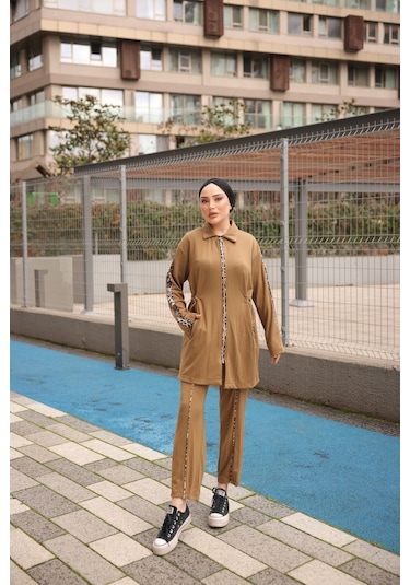 Tesettür Eşofman Takımı Fermuarlı Ikili - Tunik Pantolon Kahverengi 474 Kahverengi