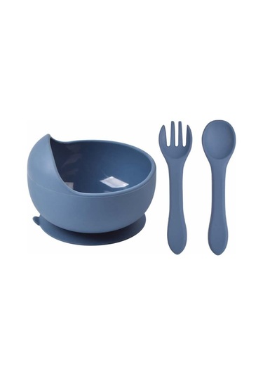 Jojobebek Silikon Vakumlu Kase, Silikon Çatal-kaşık, Silikon Pipetli Bardak, Çerez Kapağı, Önlük / Lacivert