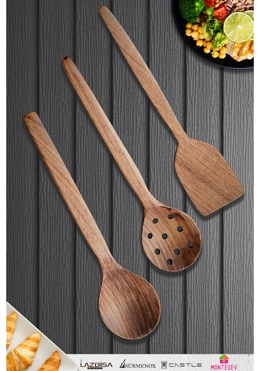 Doğal Ceviz Ağacı Ahşap Tahta Kaşık Seti Ağaç Kaşık 3 Lü Set 06 Ahşap