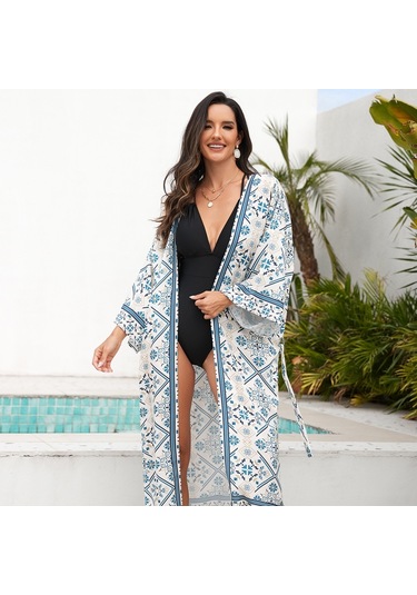 Kadınlar Plaj Tatili Baskılı Şal Bikini Güneş Korumalı Pareo Mavi