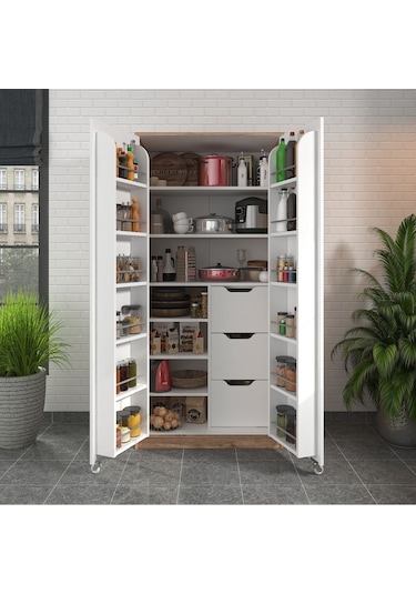 90 Derece Açılabilir 2 Kapaklı, 3 Çekmeceli, Kavanoz Raflı Kiler Ve Erzak Mutfak Dolabı Atlantik Çam Beyaz