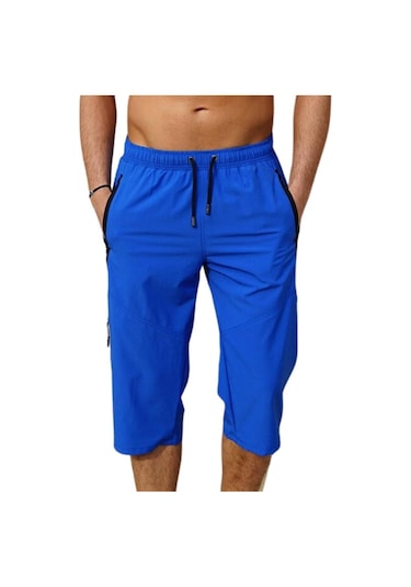 Saks Diz Altı Uzun Model Su İtici Özellikli Likralı Esnek Kumaş Erkek Plaj Deniz Kapri Şort - 941-saks 001