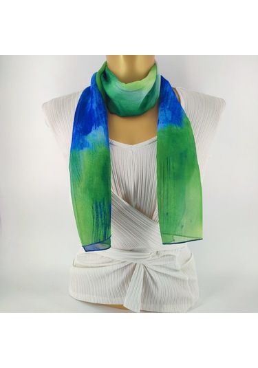 Paredora Büyük Fırça Desenli Yeşil Mavi Uzun Fular Çok Renkli