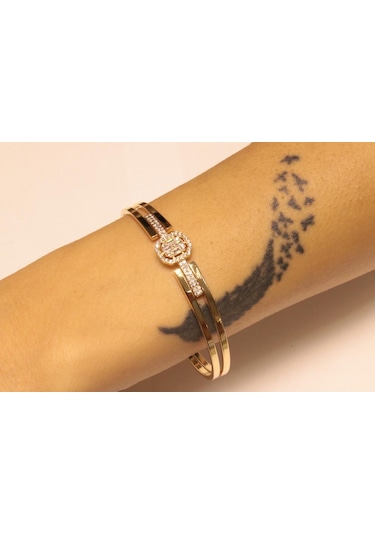 Altın Baget Taşlı Kaburga Kelepçe Bilezik 3274 Sarı Sarı Altın