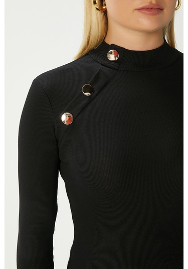 Kadın Gloria Gold Düğmeli Uzun Kollu Siyah Fitilli Pamuk Bluz Siyah