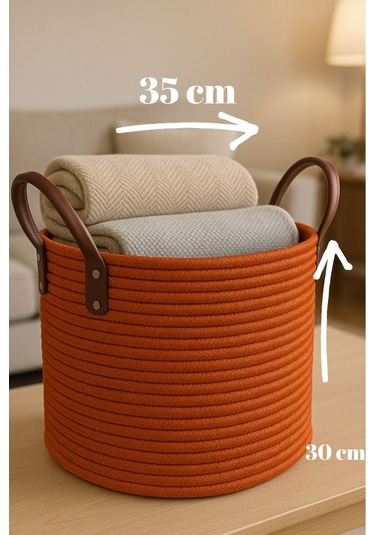 Maisoné Deri Saplı Hasır Görünümlü Jüt Sepet Battaniye Sepeti Oyuncak Sepeti Turuncu