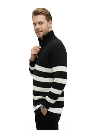 Deepsea Erkek Siyah Yarım Fermuarlı Oversize Kesim Triko Kazak Pamuklu Yumuşak Örgü Çizgili Kazak 2608513 Siyah