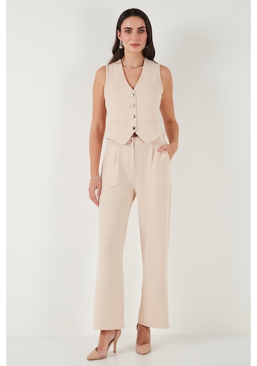 Lela Regular Fit Yüksek Bel Bol Paça V Yaka Yelekli Bayan Takım 5866199 Taş