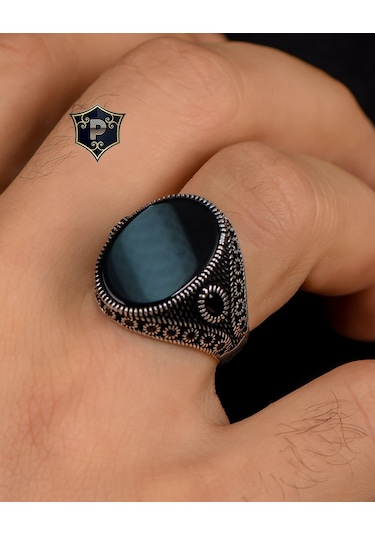 925 Ayar Gümüş Erkek Yüzüğü Zirkon Taş Süslemeli Oniks Taşlı 100222