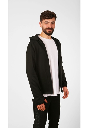Nature The Brand Şardonlu Dalgıç Fermuarlı Dik Yaka Kapüşonlu Sweatshirt/ceket Siyah