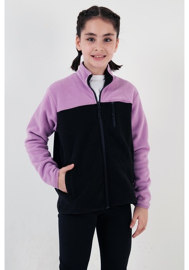 Lela Yumuşak Dokulu Fermuarlı Renk Bloklu Dik Yaka Cepli Hırka Unisex Çocuk Polar 5905001 Lila-Siyah