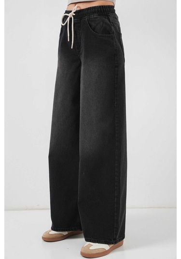 Gabria Bel Lastikli Bol Paça Jean Pantolon Siyah