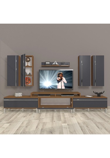 Decoraktiv Ekoflex 8d Mdf Krom Ayaklı Tv Ünitesi Tv Sehpası Ceviz - Antrasit