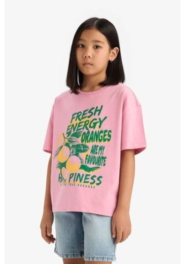DeFacto Kız Çocuk Oversize Geniş Kalıp Bisiklet Yaka Baskılı Kısa Kollu Tişört E0386A825SMPN666 Pembe