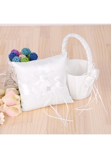 Flybuy Yüzük Yastık Ve Taşıyıcı Set Sepeti Lüks Saten İnç Fiyonk Damat Çiçek Beyaz 7 7 Ll Diğer