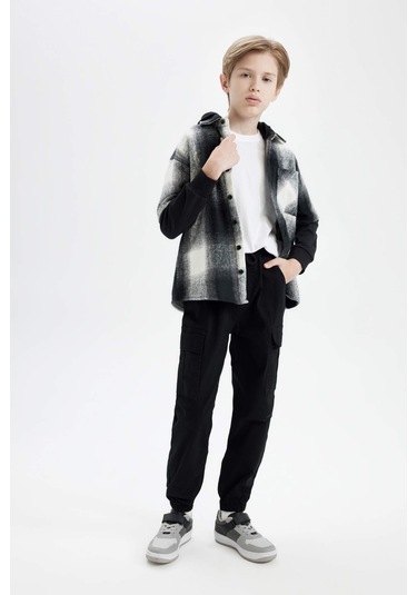 DeFacto Erkek Çocuk Kargo Cepli Beli Bağcıklı Lastikli Paça Cepli Siyah Jogger Gabardin Pantolon A9393A824AUBK81 Siyah