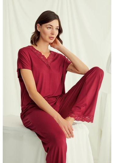 Monamise 18495 Kadın V Yaka Kısa Kollu Pijama Takımı-kırmızı Kırmızı