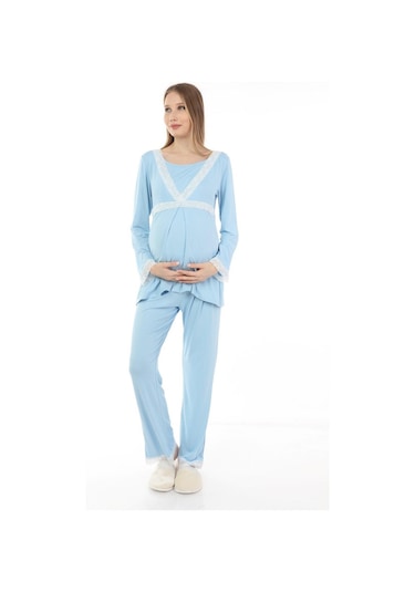 Luvmabelly Myra9707 Dantelli Emzirme Hamile Pijama Takımı -mavi-mavi