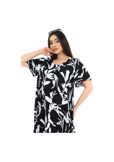 Schık Kadın Viskon Yarım Kol Kare Yaka Elbise Siyah Siyah