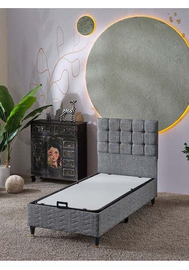 Beehanem Bengü Tek Kişilik 3lü Set Yatak+baza+başlık Keten Gri 120 X 200