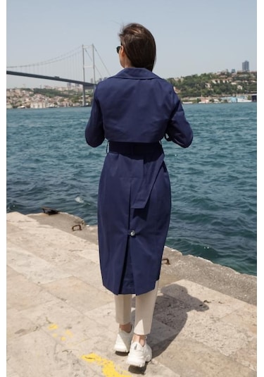 Pastelastore %100 Pamuk Gabardin Uzun 110cm Astarlı Kemerli Kadın Trençkot 1111 Lacivert