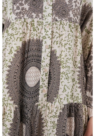 Gabria Ön Düğmeli Desenli Viskon Elbise Bej - Kahverengi