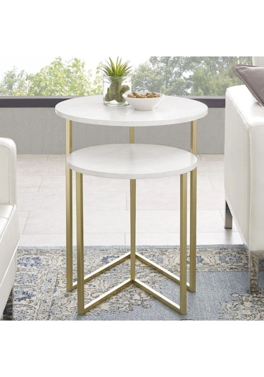 İkili Yuvarlak Doğal Ahşap Zigon Sehpa Gold