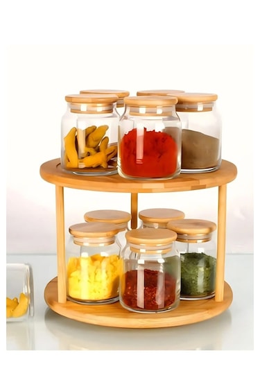 Bambu 360 Dönen 2 Katlı Baharatlık Düzenleyici Doğal, Şık Ve Fonksiyonel Mutfak Standı Bambu