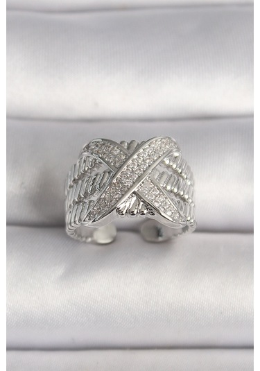 Pirinç Gümüş Renk Ayarlanabilir Zirkon Taşlı X Model Kadın Yüzük Çok Renkli