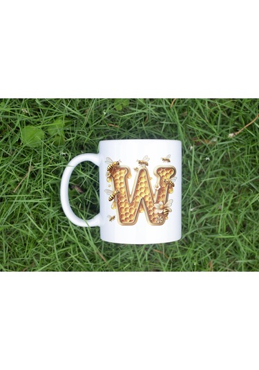 W Harfi Bal Arısı Tasarım Kupa Bardak - Bal Ve Petek Desenli Kişiye Özel Kahve Kupası - Hediyelik Beyaz