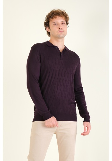 Giyim Dünyası Erkek Baklava Desenli Polo Yaka Merserize Kazak Mor 001