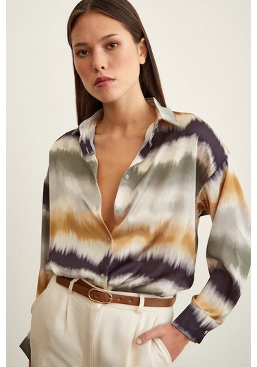 Kadın Uzun Kol Sulu Boya Desenli Renkli Pamuk Saten Premium Kalite Spor Şık Gömlek Haki