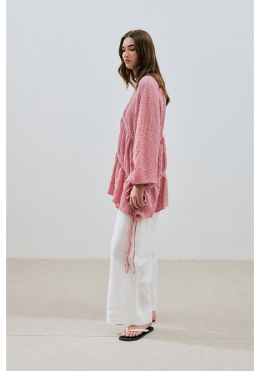 Büzgü Bağlamalı Dokulu Tunik Pembe Pembe