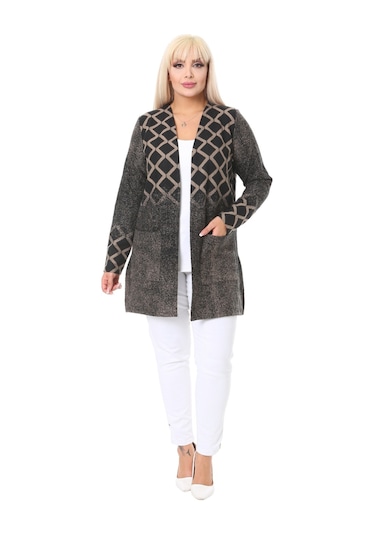 Melsay Butik Vizon Baklava Desen Kısa Büyük Beden Kadın Hırka Vizon