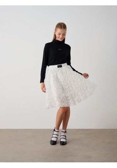 Kız Çocuk Beli Lastikli Gül Desenli Etek-14787 Ekru