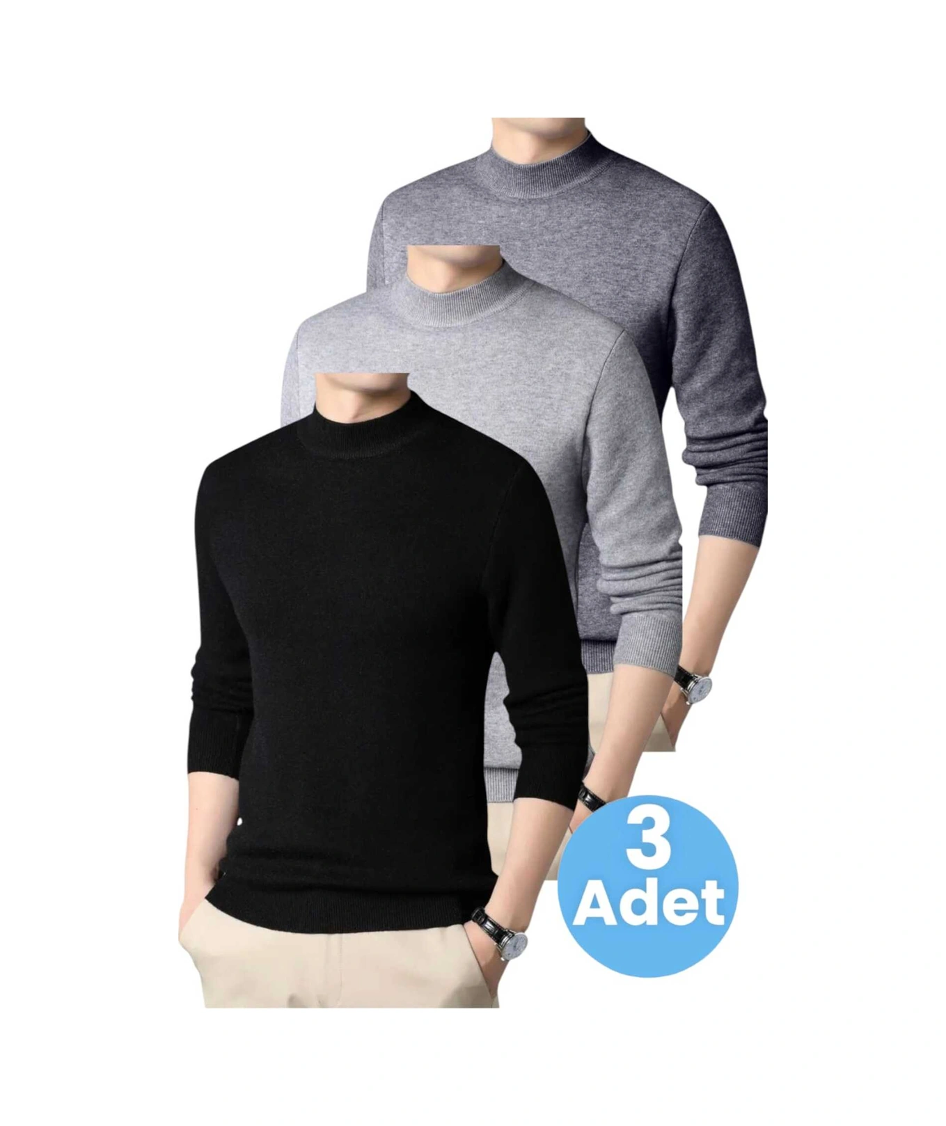 Tezzgelsin 3'lü Erkek Tüylenmeyen Yarım Boğazlı Triko Kazak Yarım Balıkçı Triko Kazak Siyah - Gri - Füme