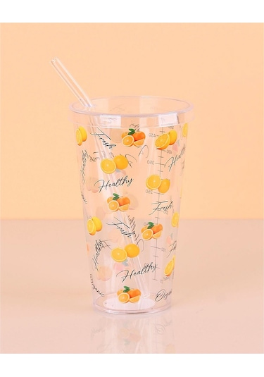 Desenli Plastik Pipetli Bardak 16 Cm 1 Adet Royaleks-enf-040