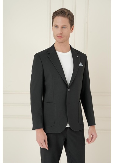 Comfort Fit Mono Yaka Çift Yırtmaç Torba Cep Casual Siyah Ceket C 698 Siyah
