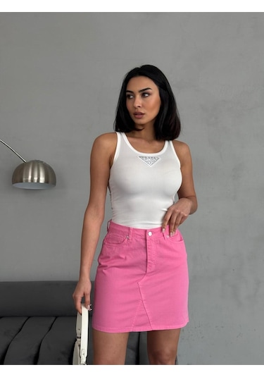 Zeo Basic Dikiş Detaylı Mini Pink Etek Pembe