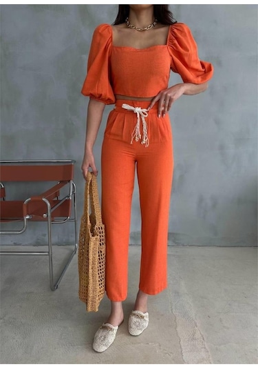 Keten Crop Karpuz Kol Bluz-pantolon Hasır Kemerli - Orange Orange