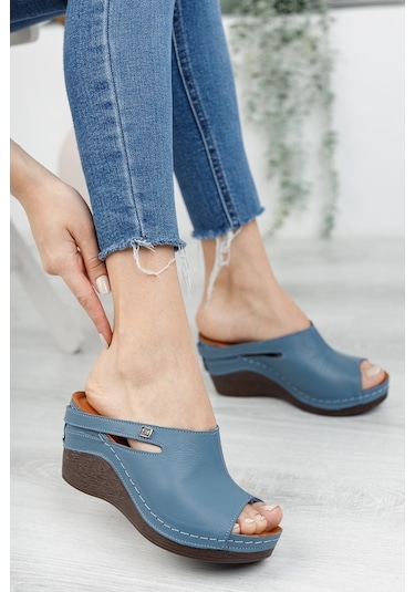 Hakiki Deri Dolgu Topuk Kadın Terlik