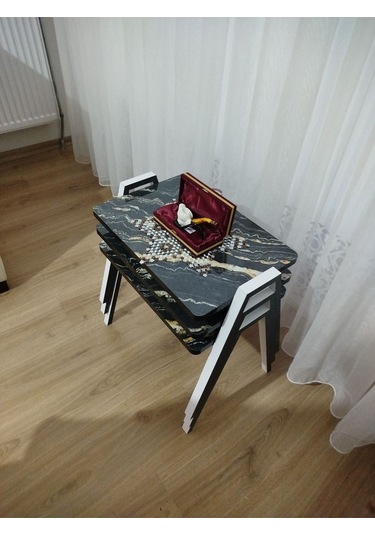 Zigon Sehpa 3'lü Mermer Desenli Tepsi Model Siyah-sarı Mermer Anrasit Ayak Siyah Sarı Mermer