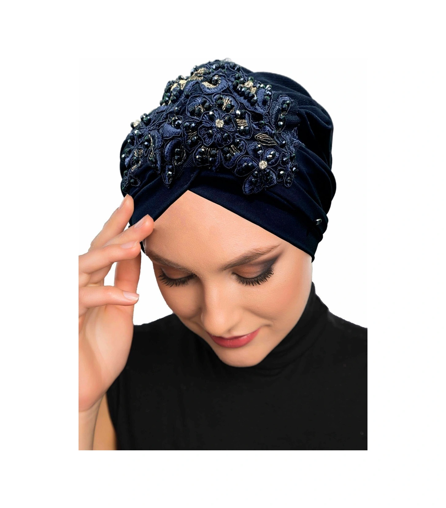 Kopma Astarlı Işlemeli Lacivert Sarı Dantel Motifli Hazır Türban Tesettür Abiye Bone Lacivert Sarı Dantel