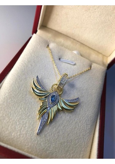 Zümrüdü Anka Kuşu Phoenix Aquamarin Taşlı Gümüş Kolye Işıklı Kutuda Sevgiliye Eşe Anneye Kolye