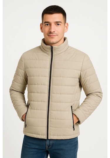 Erkek Bomber Mont Ceket Su İtici Kumaş, Kapitone Astarlı, Fermuarlı, Kışlık - Bej Bej
