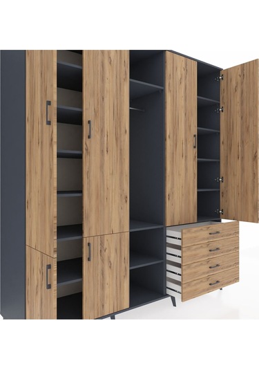 Kronos Dolap 14 Raflı 4 Çekmeceli Tek Askılı 220x59x243 Antrasit-çam/çam Atlas Çam/atlas Çam