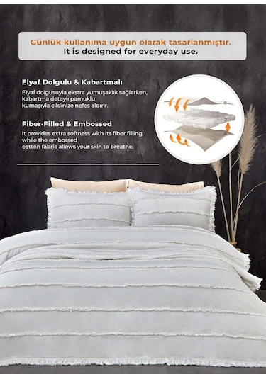 Evlen Home Pamuklu Echos Yatak Örtüsü Takımı Günlük Çift Taraflı Kişilik 3 Parça Dolgulu El İşi Beyaz
