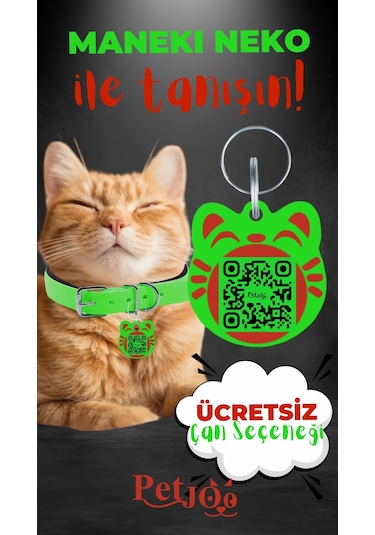 Petjoo 4.Maneki Neko Kırmızı-Yeşil Qr'lı Kedi Künyesi