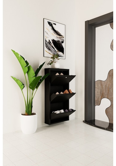 Kilitli 3 Kapaklı Metal Ayakkabılık Siyah Siyah